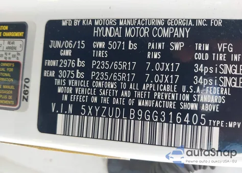 2016 Hyundai Santa Fe Sport 2.4L из США, поврежденный, VIN 5XYZUDLB9GG316405